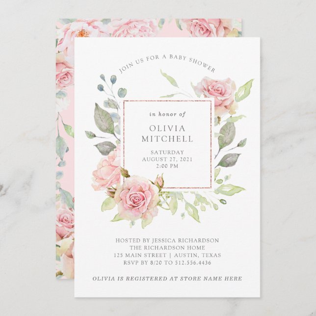 Invitación Rosas bonitos | Elegante Baby Shower Floral Rosa (Anverso / Reverso)
