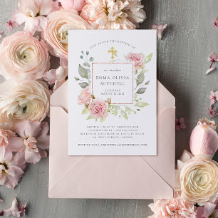 Invitación Rosas bonitos   Elegante bautismo floral rosado
