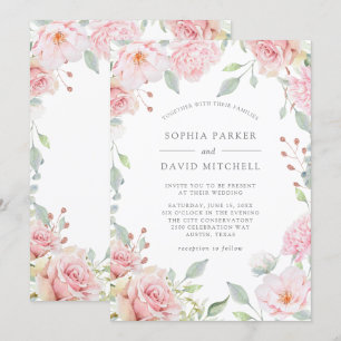 Invitación Rosas bonitos Elegante Boda floral rosa