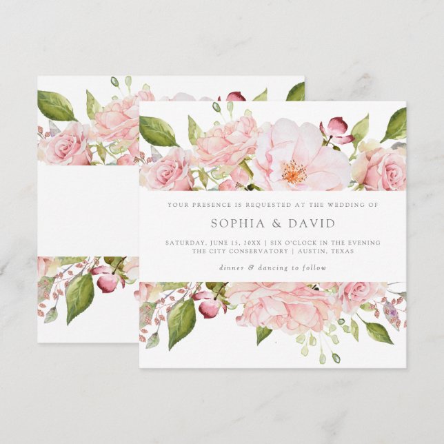 Invitación Rosas bonitos | Elegante Boda floral rosa (Anverso / Reverso)