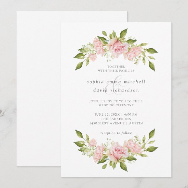 Invitación Rosas bonitos | Elegante Boda floral rosa (Anverso / Reverso)