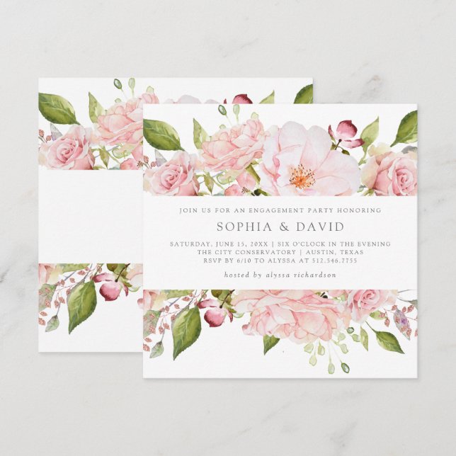 Invitación Rosas bonitos | Partido de compromiso floral rosad (Anverso / Reverso)