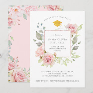 Invitación Rosas bonitos   Partido de Graduación Floral Rosa