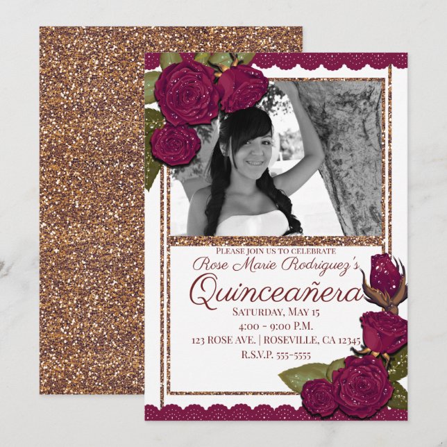 Invitación Rosas Borgoña con Brillo de Oro Rosa para Fiesta d (Anverso / Reverso)
