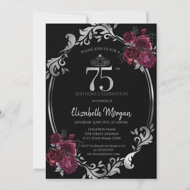 Invitación Rosas Borgoña con Marco de Plata Cumpleaños 75 Neg (Anverso)