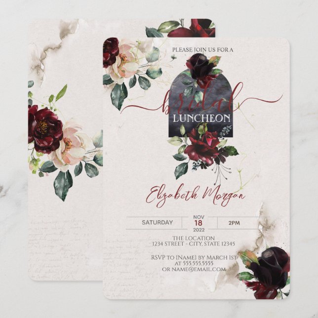 Invitación Rosas Borgoña Flores Almuerzo de Boda  (Anverso / Reverso)