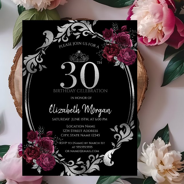 Invitación Rosas Borgoña Marco de Plata Cumpleaños 30 Negros (Subido por el creador)