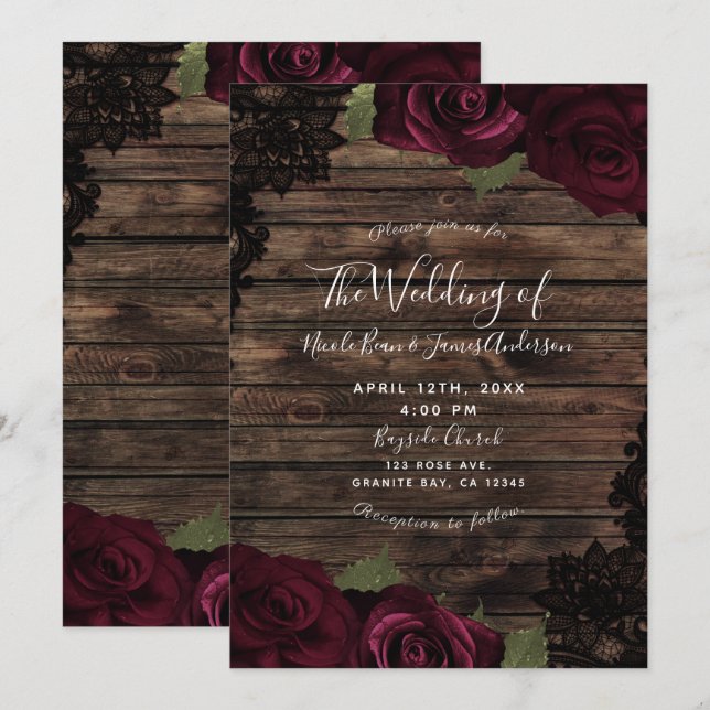 Invitación Rosas Borgoña Oscuros Boda de encaje negro de made (Anverso / Reverso)
