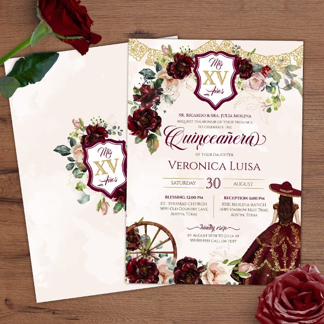 Invitación Rosas Borgoña Oscuros Elegantes Charro Quinceanera (Subido por el creador)