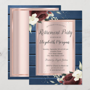 Invitación Rosas Borgoña, Rosa de Madera Azul Dorado Jubilaci
