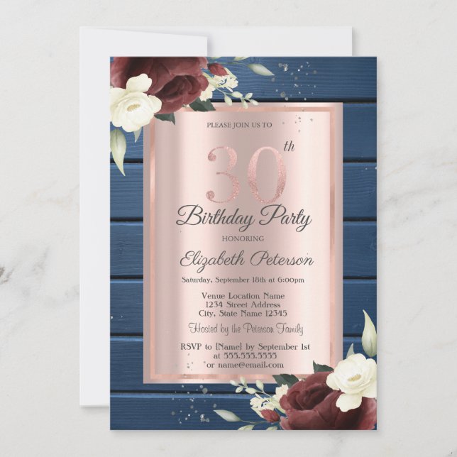 Invitación Rosas Borgoña, Rosa Madera Azul Dorado Cumpleaños  (Anverso)