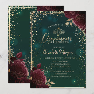 Invitación Rosas Borgoña, Tiara Dorada, Quinceañera de Diaman