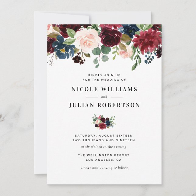 Invitación rosas borgoñosos y marinos, boda de  rubios (Anverso)