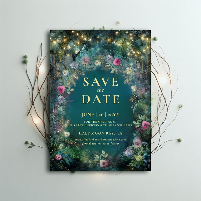 Invitación Rosas boscosos encantados Boda en Arco Guardar la  (enchanted forest wedding save date magical fairy tale woodland rose gold emerald green typography)