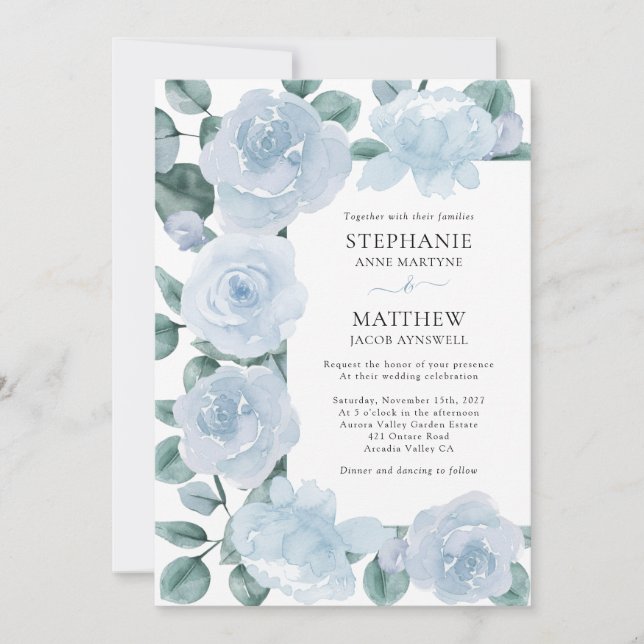 Invitación Rosas botánicos Dusty Blue Floral Boda (Anverso)