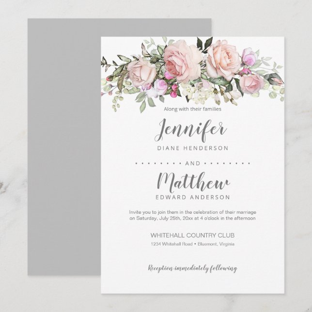 Invitación Rosas Bouquet Boda de Rubor Rosa (Anverso / Reverso)