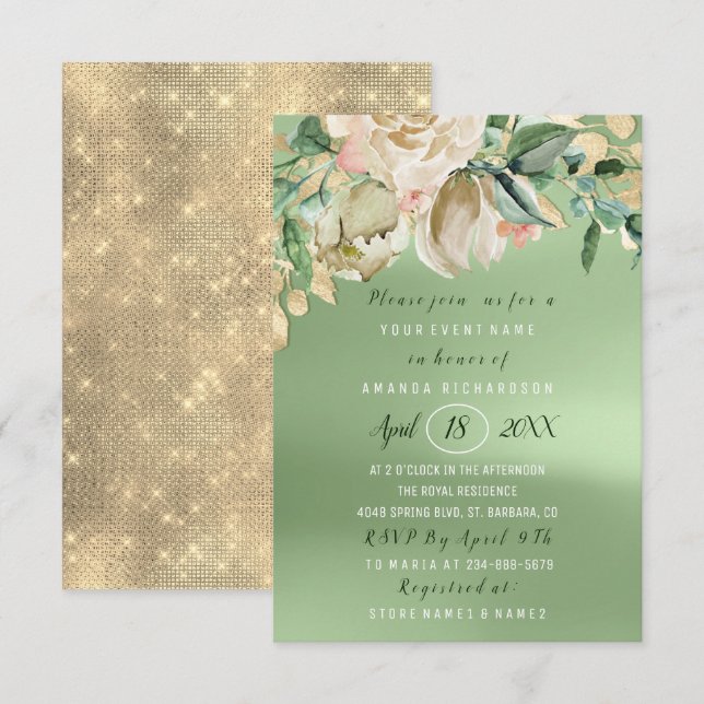 Invitación Rosas Bridal Shower Flower Brunch Greenery Gold (Anverso / Reverso)