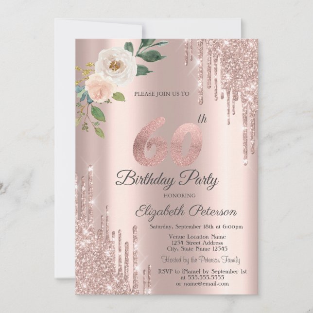 Invitación Rosas Brillo Goteo Oro Rosa Cumpleaños 60 (Anverso)