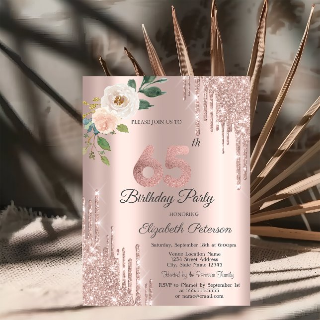 Invitación Rosas Brillo Goteo Oro Rosa Cumpleaños 65 (Subido por el creador)