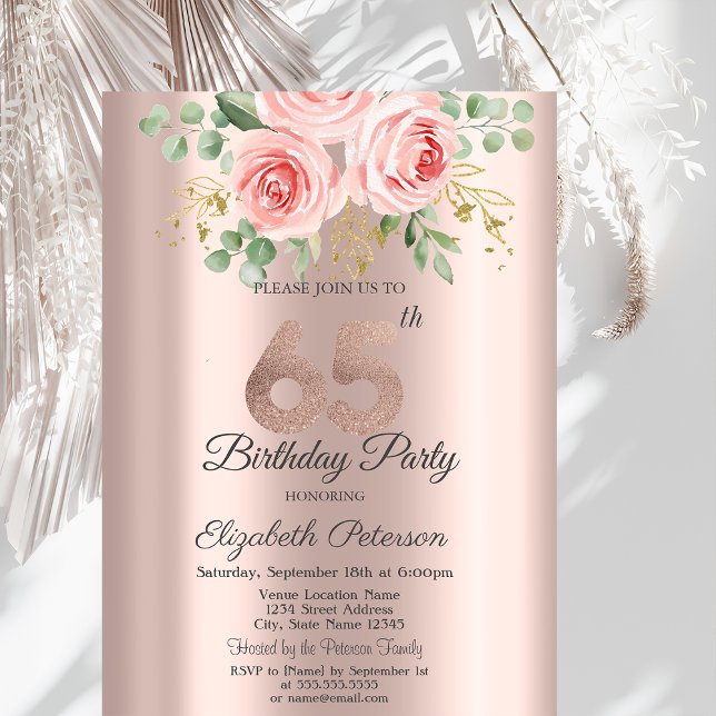 Invitación Rosas Brillo Goteo Rosa Dorado Cumpleaños 65  (Subido por el creador)