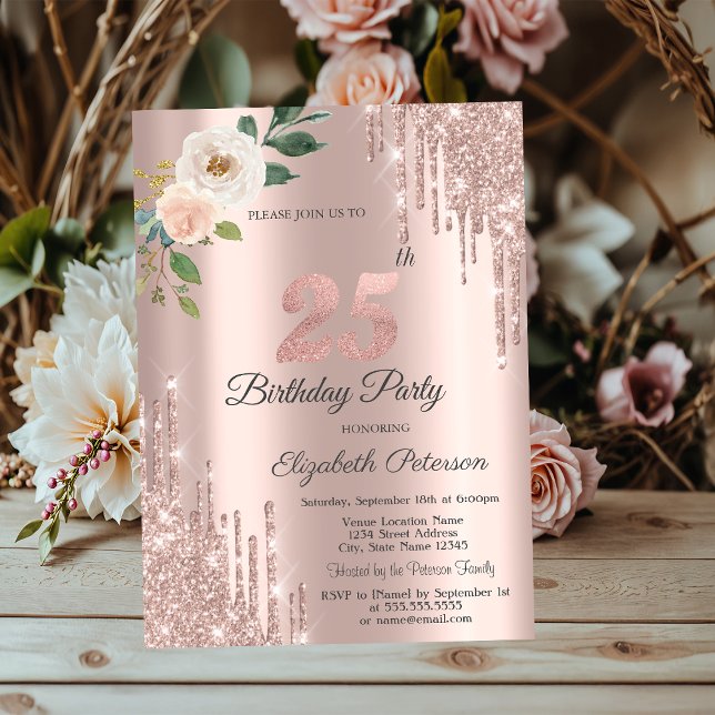 Invitación Rosas Brillo Gotitas Oro Rosa Cumpleaños 25 (Subido por el creador)