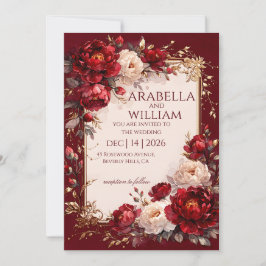 Invitación Rosas burdeos Cuadro dorado Boda elegante I