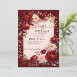 Invitación Rosas burdeos Cuadro dorado Boda elegante I