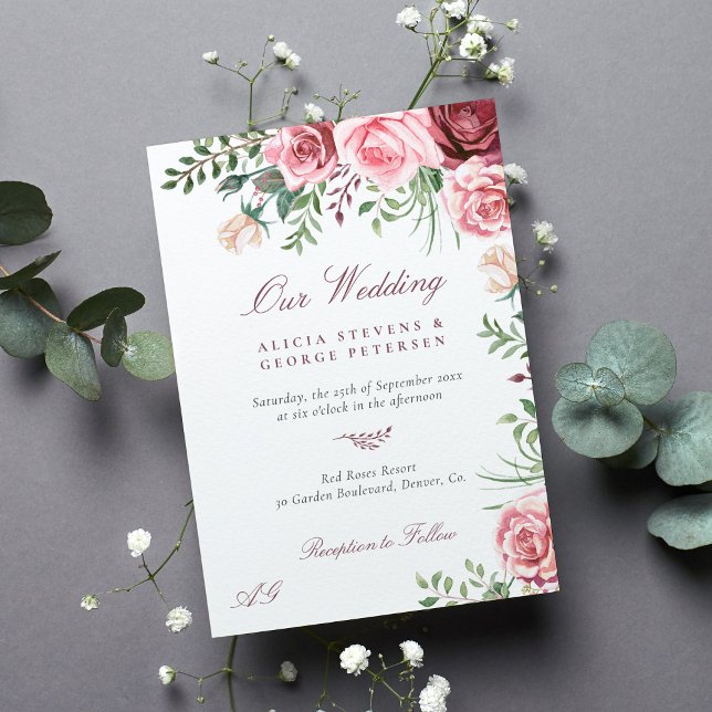 Invitación Rosas burdeos rosados acuarela elegante boda (Subido por el creador)
