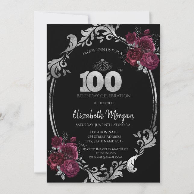 Invitación Rosas Burgundy con Marco de Plata Cumpleaños 100 (Anverso)