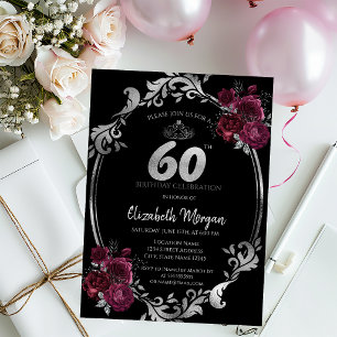Invitación Rosas Burgundy con Marco de Plata Cumpleaños 60