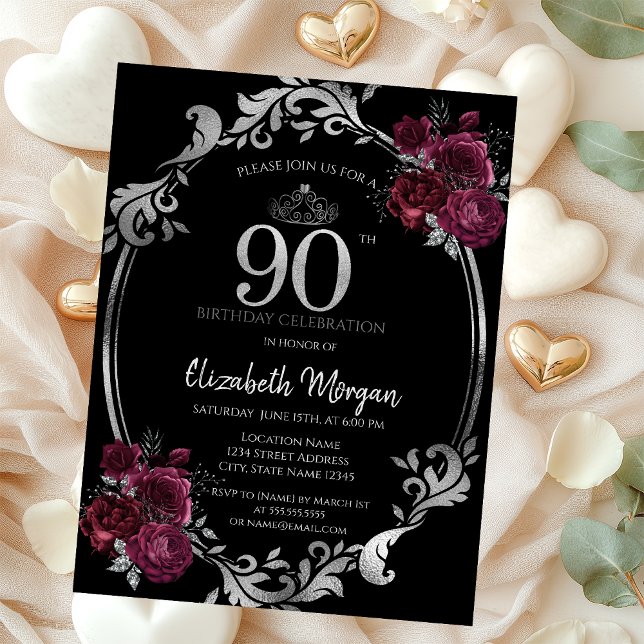 Invitación Rosas Burgundy con Marco de Plata Cumpleaños 90 Ne (Subido por el creador)