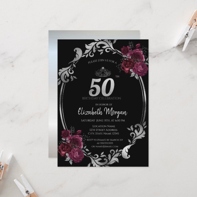 Invitación Rosas Burgundy con Marco Plateado Cumpleaños 50 (Anverso/Reverso In Situ)