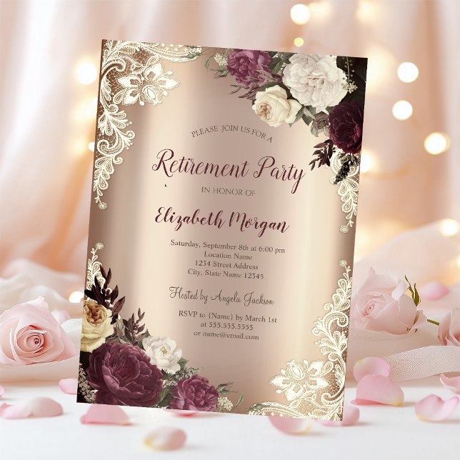 Invitación Rosas Burgundy Elegantes, Encaje Jubilación  (Subido por el creador)