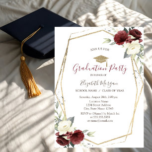 Invitación Rosas Burgundy Elegantes, Gorra de Graduación, Gra