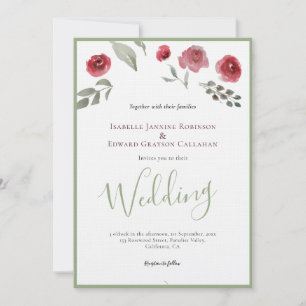 Invitación Rosas Burgundy Elegantes y Bodas en Verde Salvia