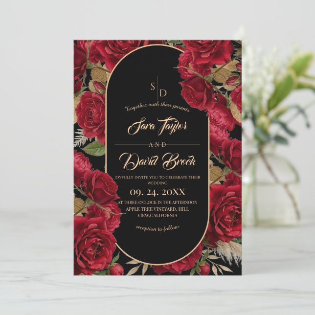 Invitación Rosas Burgundy Floral Moderno Boho Boda (Anverso de pie)