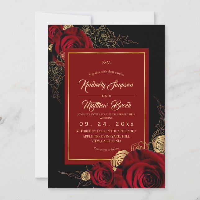 Invitación Rosas Burgundy Negras Boda Boho (Anverso)