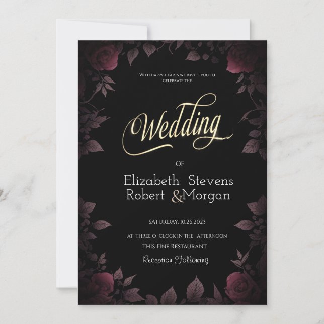Invitación Rosas Burgundy Oscuras Elegantes Boda Negra (Anverso)