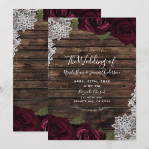 Invitación Rosas Burgundy Oscuras Encaje Blanco Rústico Boda