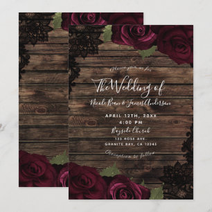 Invitación Rosas Burgundy Oscuras Encaje Negro Boda Madera