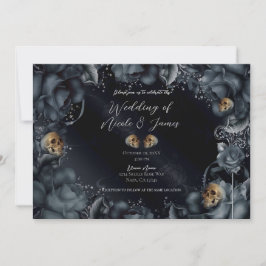 Invitación Rosas Calaveras Azules Grises Ahumadas Boda Gótica
