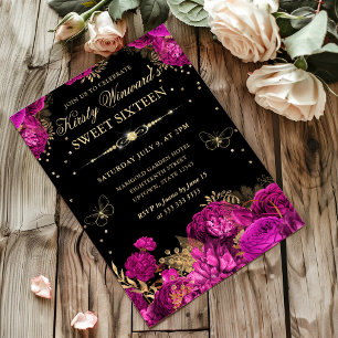 Invitación Rosas calientes rosadas y doradas Sweet Sixteen fl