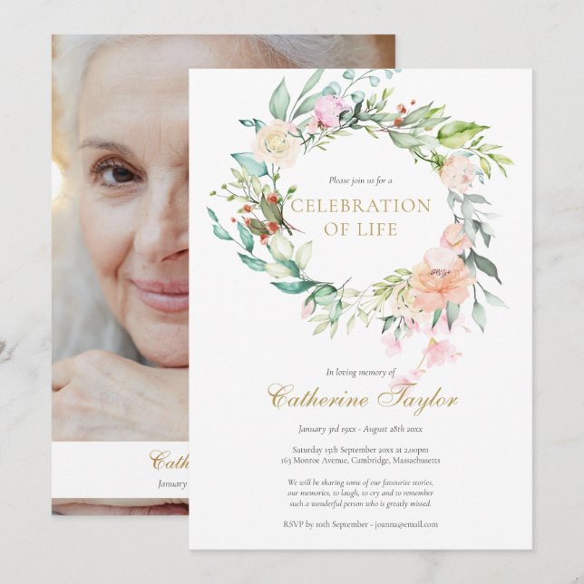 Invitación Rosas Celebración de la Vida Funeral Foto Floral (Anverso / Reverso)