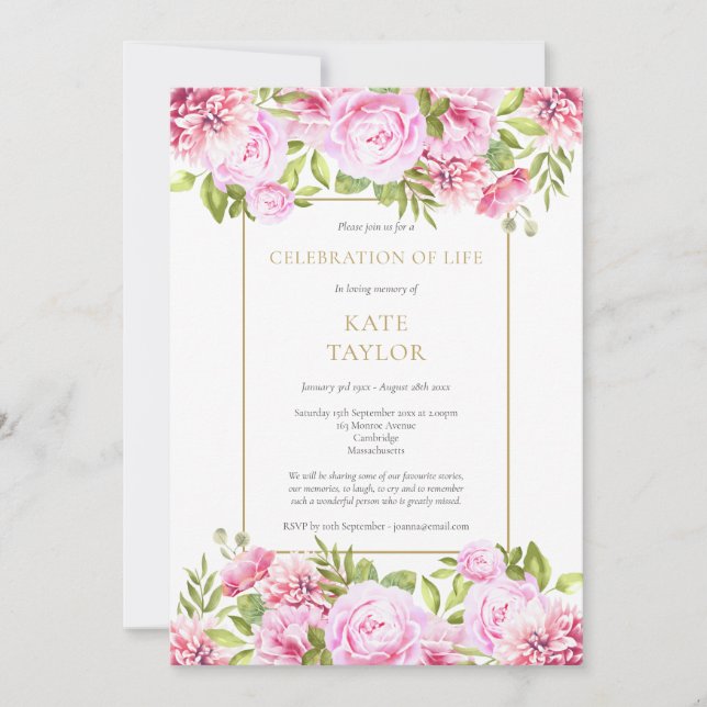 Invitación Rosas Celebración Floral de la Vida Funeral (Anverso)