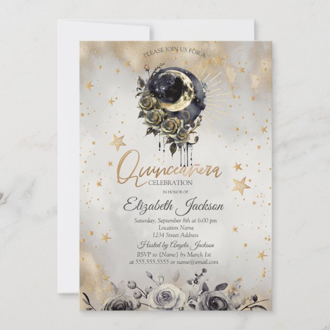 Invitación Rosas celestiales de luna estrellas Quinceañera (Anverso)