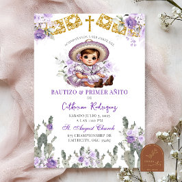 Invitación Rosas Charra Purple Bautizo y Primer Anito