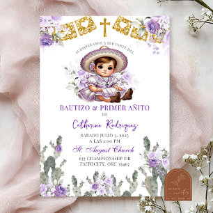Invitación Rosas Charra Purple Bautizo y Primer Anito