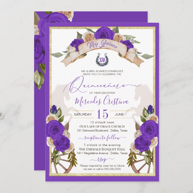 Invitación Rosas Charro Morado Occidental Caballos Quinceaner (Anverso / Reverso)