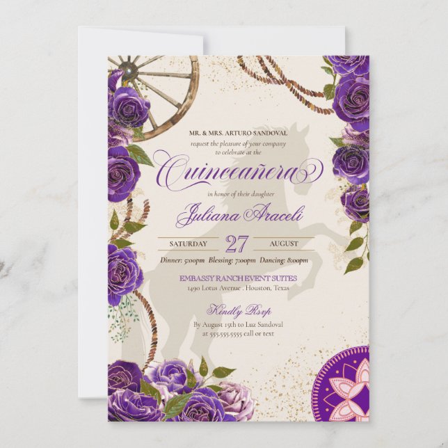 Invitación Rosas Charro Purple Rancho Occidental Quinceanera (Anverso)