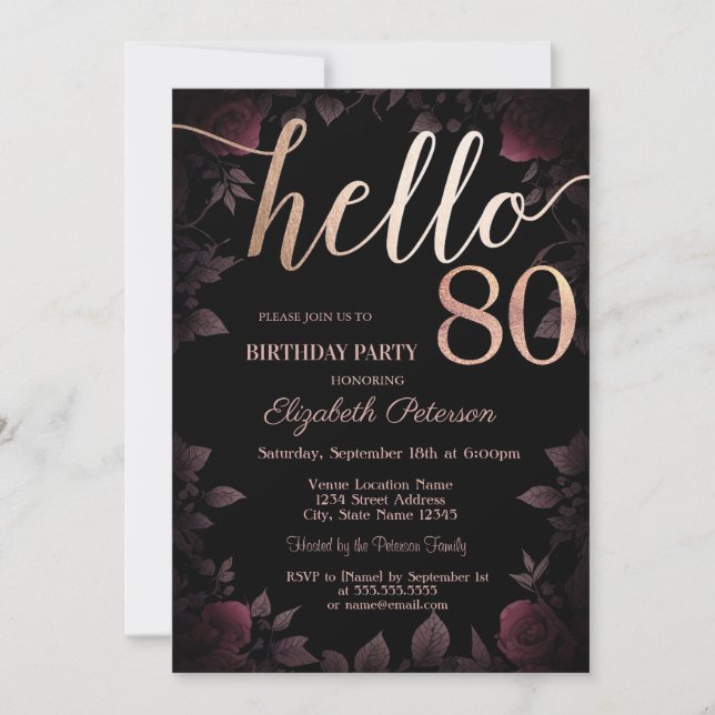 Invitación Rosas Chic Burgundy Oscuro Cumpleaños 80 Negro (Anverso)